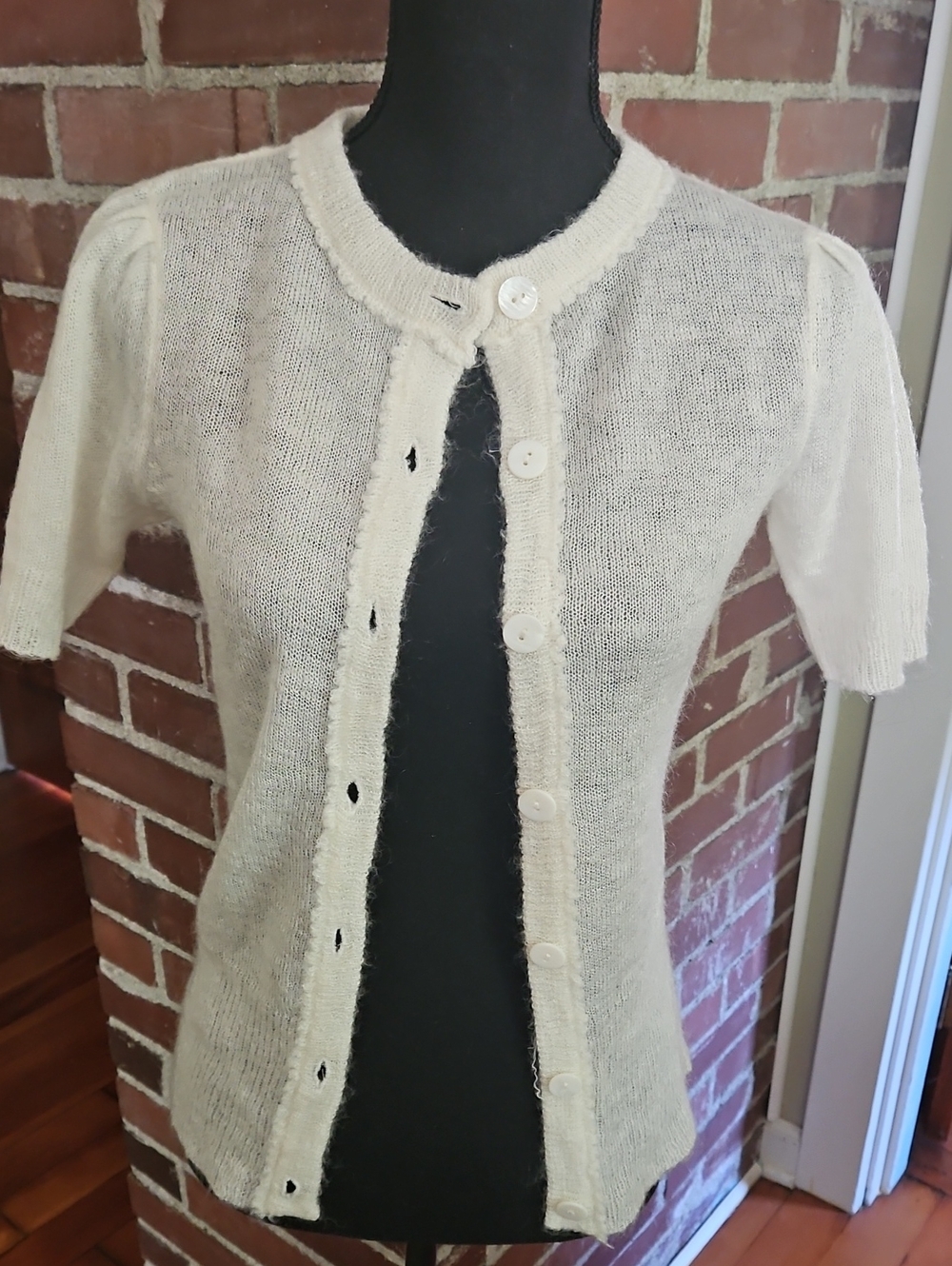 Cream Short-Sleeve Button Cardigan Sweater